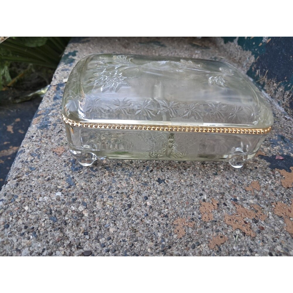Vintage Jeanette Clear Glass Covered Dish Butterflies Gold READ